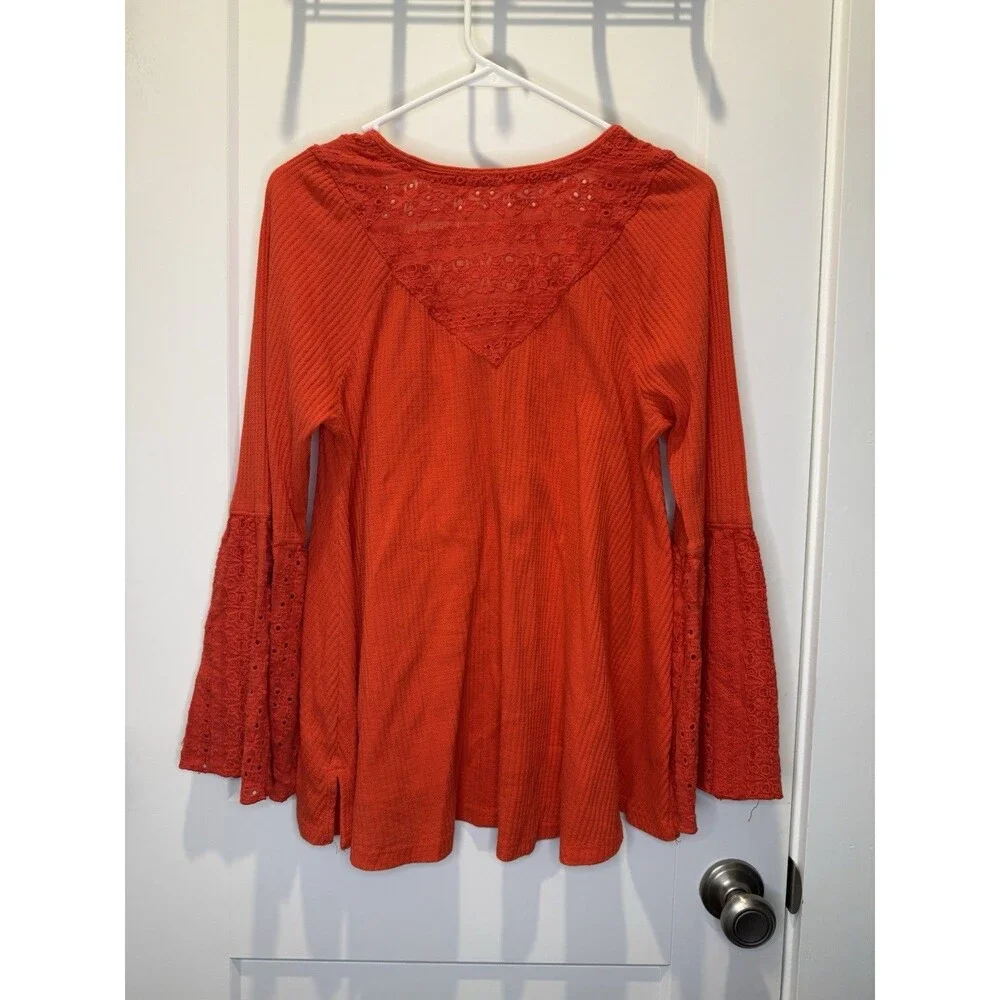 Free People Womens Parisian Nights Top Small Red Embroidered Boho Bell Sleeve
